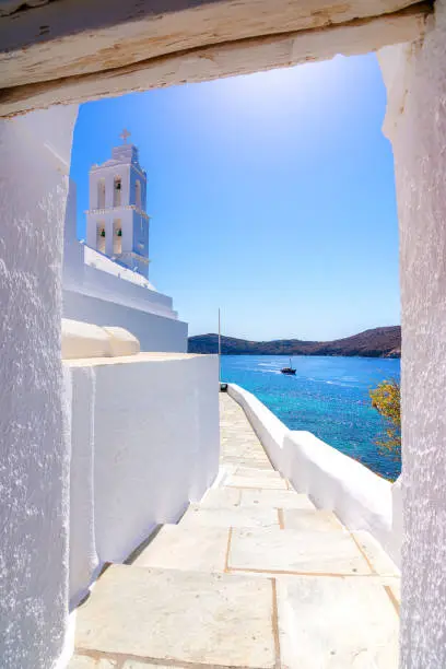 The famous old church of Agia Irini, at the entrance of Yalos , the port of
Ios island, Cyclades, Greece.