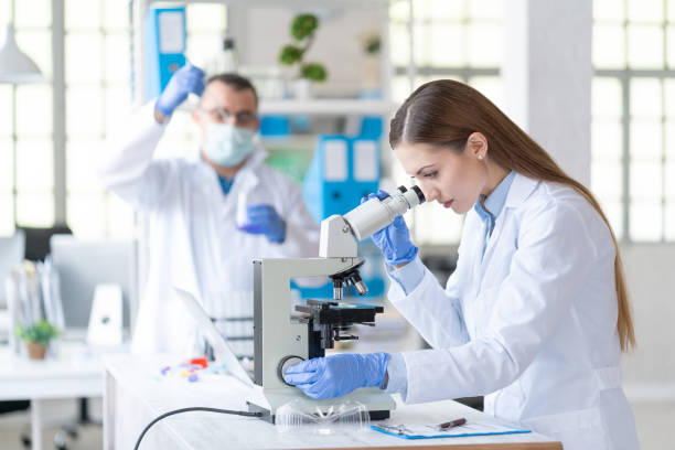 paar wetenschappers in laboratorium - farmaceutische fabriek stockfoto's en -beelden