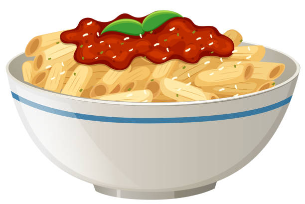 illustrazioni stock, clip art, cartoni animati e icone di tendenza di salsa di pomodoro penne su sfondo bianco - ragù