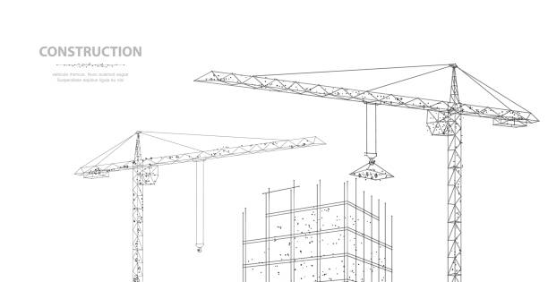 Construction. Polygonal wireframe building under crune isolated on white. Drawing, graphics. vector art illustration