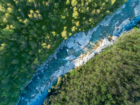 Aerial top view of a small remote located river in the middle of a summer green wild nature landscape, seen from high up from a drone.