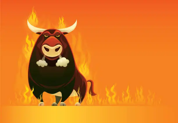 Vector illustration of angry bull on fire