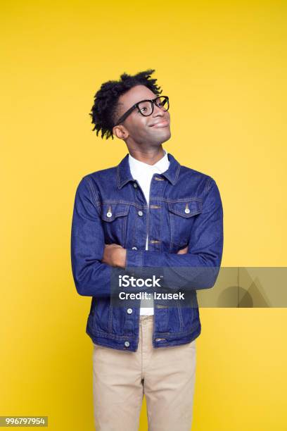 80s Style Portrait Of Happy Geeky Young Man Stock Photo - Download Image Now - Portrait, Men, Colored Background