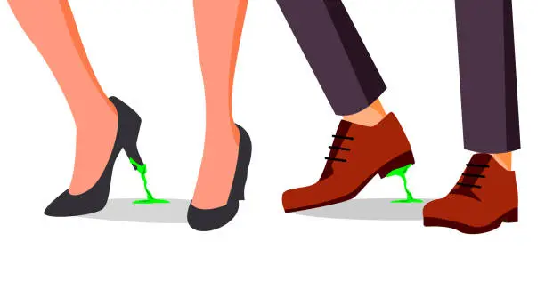 Vector illustration of Business Trouble Concept Vector. Feet Stuck. Businessman, Woman Shoe With Chewing Gum. Wrong Step, Decision. Cartoon Illustration