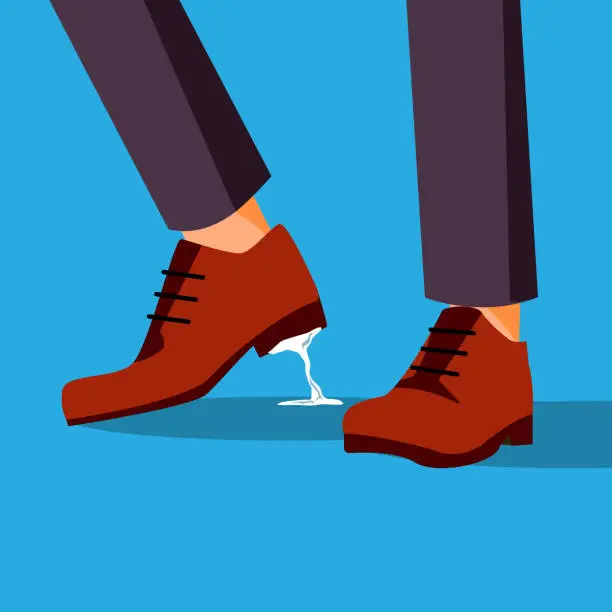 Vector illustration of Business Trouble Stuck Vector. Feet. Businessman Shoe With Chewing Gum. Wrong Step, Decision. Cartoon Illustration