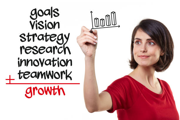 businesswoman and growth formula on white background