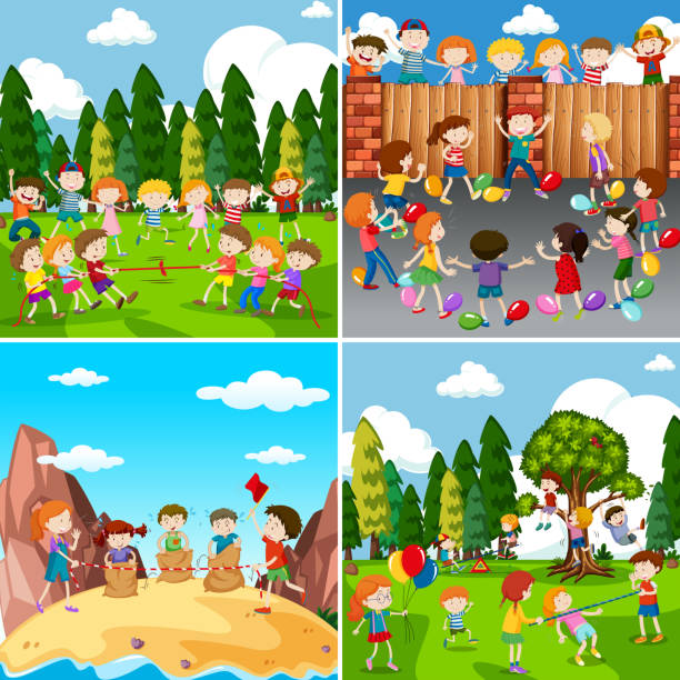 ilustrações de stock, clip art, desenhos animados e ícones de set of children playing - tug o war