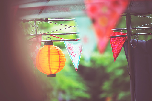 Colorful paper lampions at the tree on a garden party