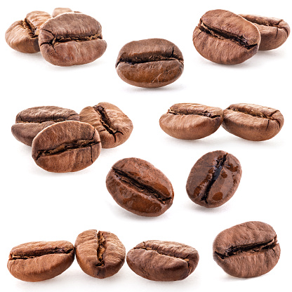 Collection of Coffee beans isolated on white background, closeup, macro