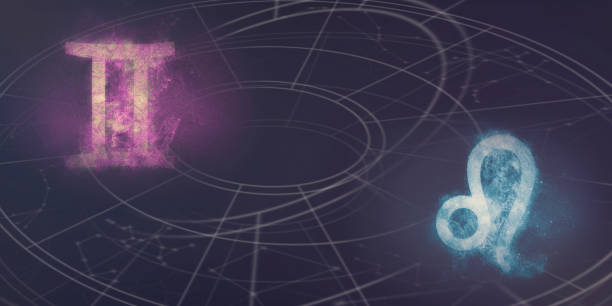 istock Gemini and Leo horoscope signs compatibility. Night sky Abstract background. 996828414