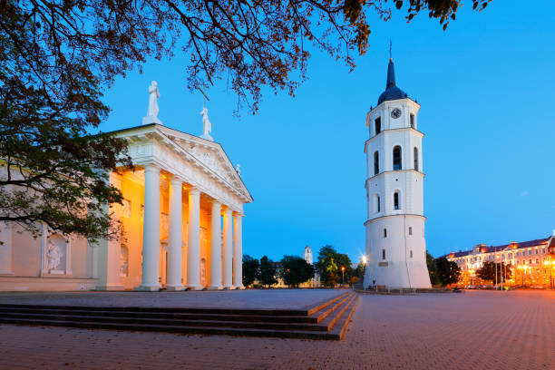 Illuminated Vilnius Cathedral and bell tower at night.