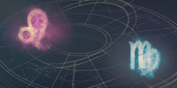 istock Leo and Virgo horoscope signs compatibility. Night sky Abstract background. 996836248