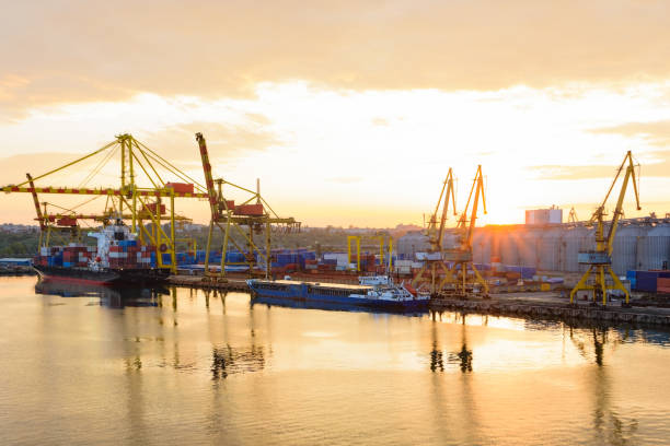 istock Gold sunset over sea port at summer 996836596