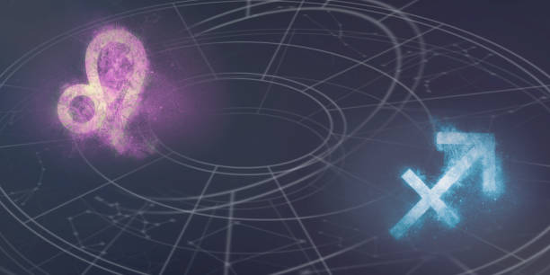 istock Leo and Sagittarius horoscope signs compatibility. Night sky Abstract background. 996839002