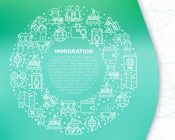 Vector illustration of Immigration concept in circle with thin line icons: immigrants, illegals, baggage examination, passport, refugee camp, demonstration, humanitarian aid, social benefit. Modern vector illustration.