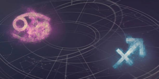 istock Cancer and Sagittarius horoscope signs compatibility. Night sky Abstract background. 996844196