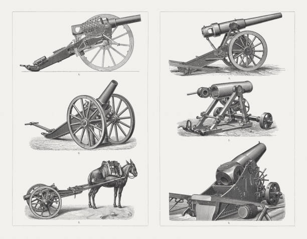 ilustraciones, imágenes clip art, dibujos animados e iconos de stock de armas del campo del siglo xix, grabados en madera, publicado en 1897 - cannon spanish culture bronze weapon