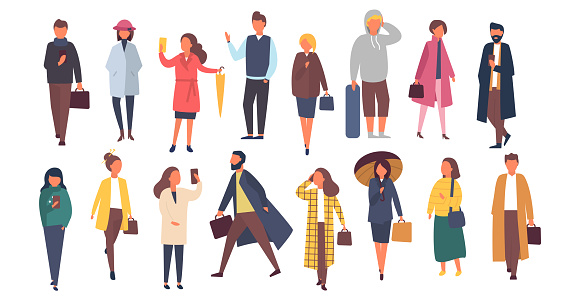 Man and woman characters in autumn outwear clothes. Crowd of cartoon people outside on the streets. Vector flat illustration