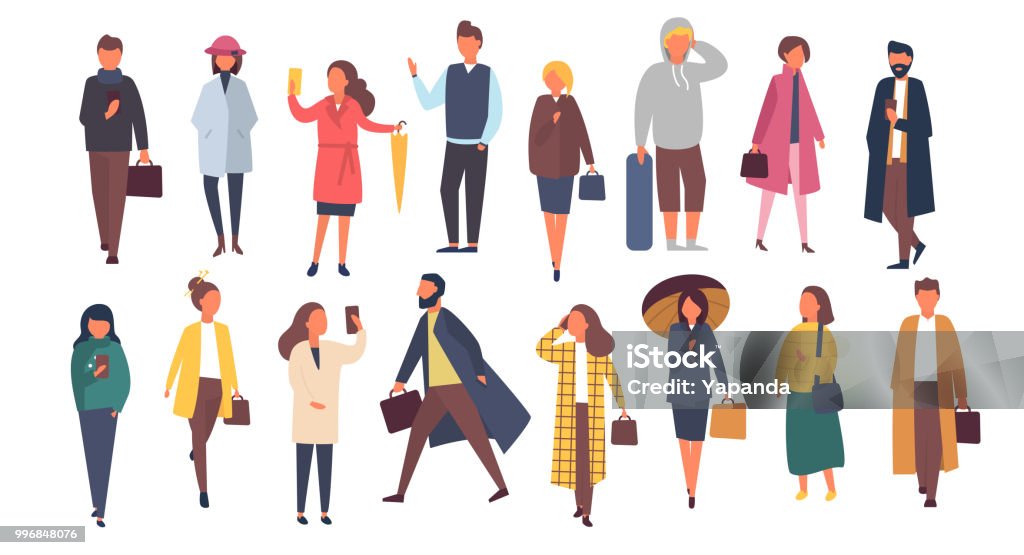 Man and woman characters in autumn outwear clothes. Crowd of cartoon people outside on the streets. Vector flat illustration Man and woman characters in autumn outwear clothes. Crowd of cartoon people outside on the streets. Vector flat illustration. People stock vector