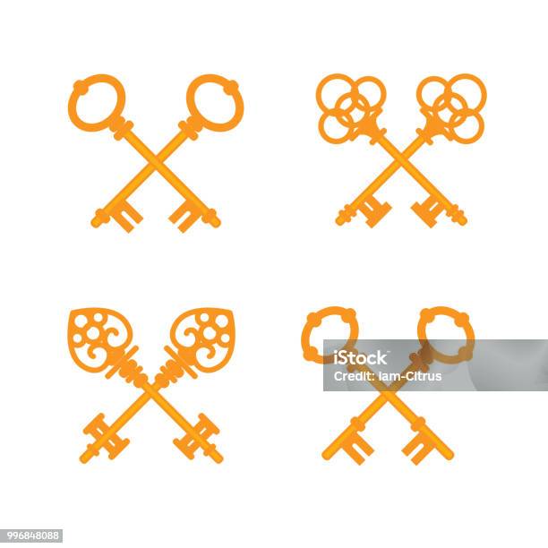 Set Of Crossed Old Vintage Golden Keys Vector Flat Illustration Stock Illustration - Download Image Now