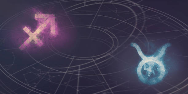 istock Sagittarius and Taurus horoscope signs compatibility. Night sky Abstract background. 996848418