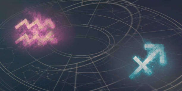 istock Aquarius and Sagittarius horoscope signs compatibility. Night sky Abstract background. 996851872