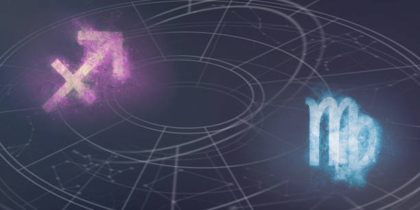 istock Sagittarius and Virgo horoscope signs compatibility. Night sky Abstract background. 996854124