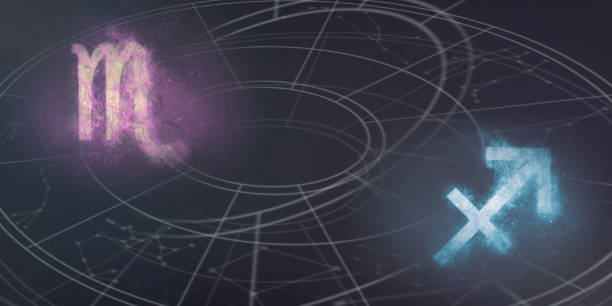 istock Scorpio and Sagittarius horoscope signs compatibility. Night sky Abstract background. 996855372