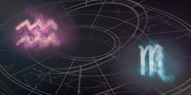 istock Aquarius and Scorpio horoscope signs compatibility. Night sky Abstract background. 996860250