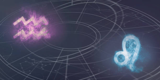 Aquarius and Leo horoscope signs compatibility. Night sky Abstract background.