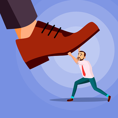 Big Foot Stepping On Businessman Vector. Shoes. Stomping Foot. Oppressed. Confrontation Strategy. Cartoon Illustration