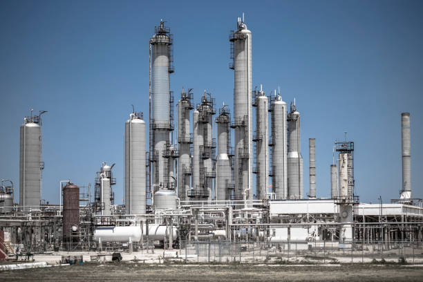 Typical gas fracking hydrocarbon processing and storage plant in rural Kansas, close view