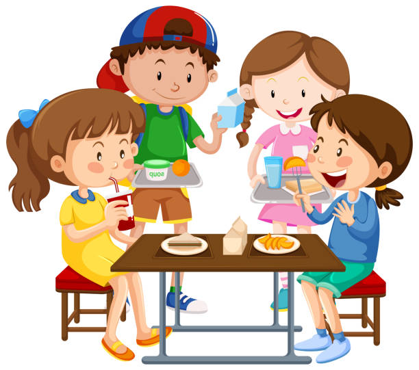 一緒に食べている子供のグループ - school lunch点のイラスト素材／クリップアート素材／マンガ素材／アイコン素材