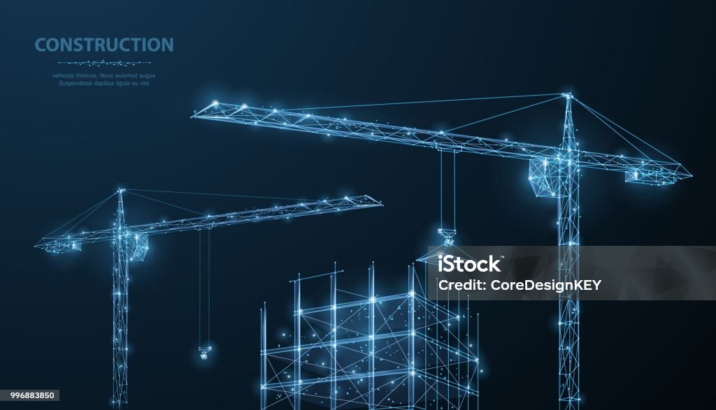Bau. Polygonale Drahtmodell bauen unter Crune auf dunklen blauen Nachthimmel mit Punkten, Sternen. - Lizenzfrei Baugewerbe Vektorgrafik
