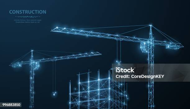 Construction Polygonal Wireframe Building Under Crune On Dark Blue Night Sky With Dots Stars Stock Illustration - Download Image Now