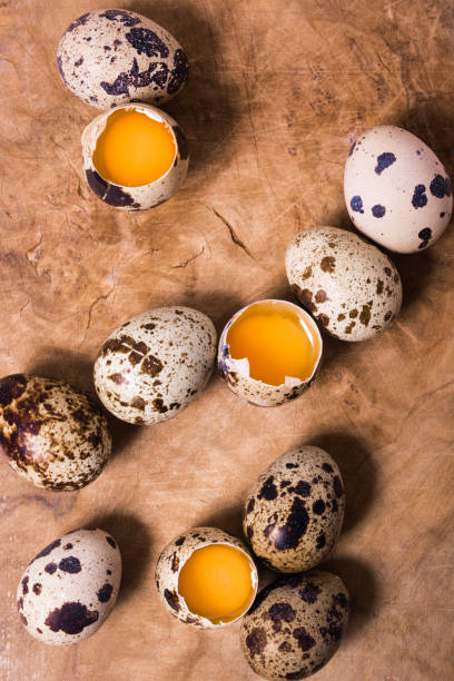 Raw quail eggs on the wooden background Raw quail eggs on the wooden background with some open eggs proteína stock pictures, royalty-free photos & images