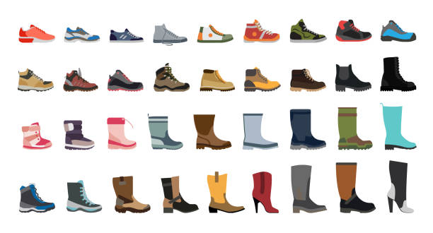 Big flat icon collection of men's, women's and children's footwear. Stylish and fashionable shoes, sneakers and boots. rubber boot stock illustrations