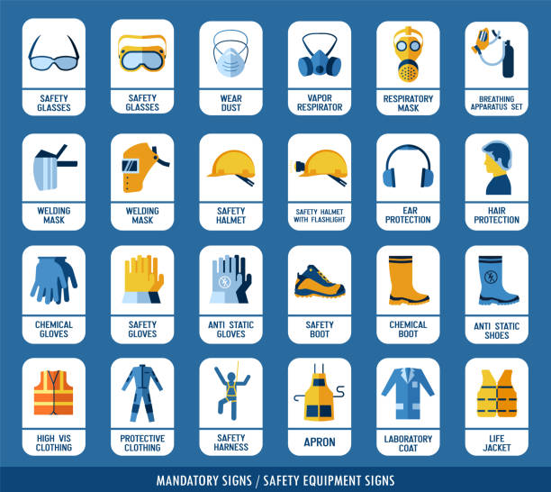 illustrations, cliparts, dessins animés et icônes de collection d’équipement de sécurité. - safety sign protective workwear factory