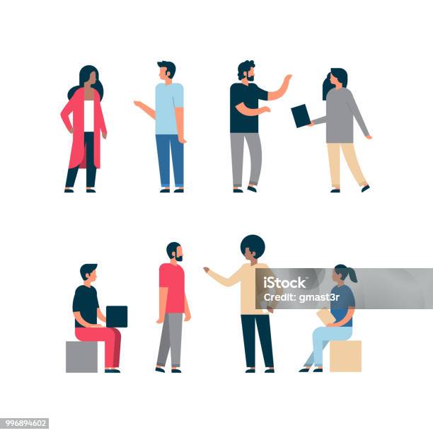 Set Woman Man Character Standing Diversity Pose Male Female White Background Full Length Cartoon Flat Stock Illustration - Download Image Now