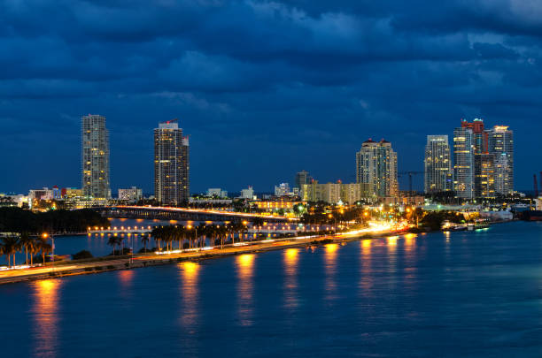 View of Biscayne Bay at night in Miami Florida, USA