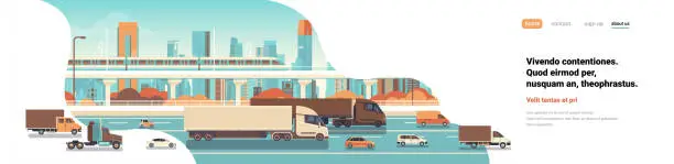 Vector illustration of semi truck trailers driving highway road cars lorry over city background delivery cargo concept flat copy space banner vector illustration