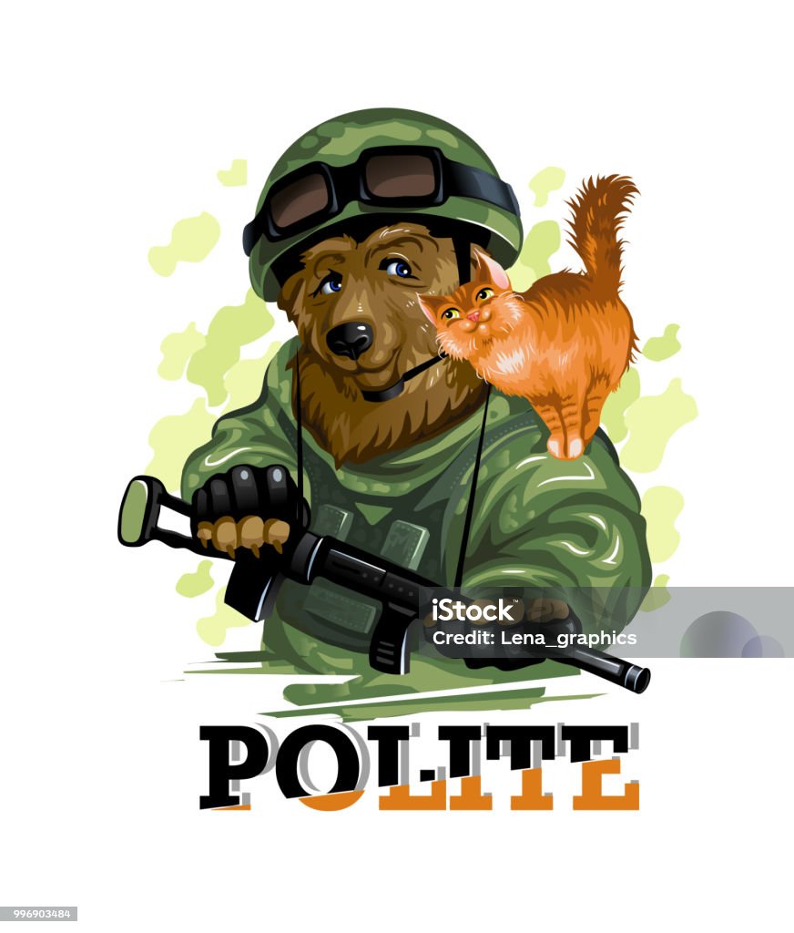 Portrait. Polite Russian bear in military uniforms holds a red cat. Vector illustration. Anger stock vector