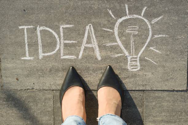istock Female feet with text idea and symbol light bulb, written on grey sidewalk. 996911448