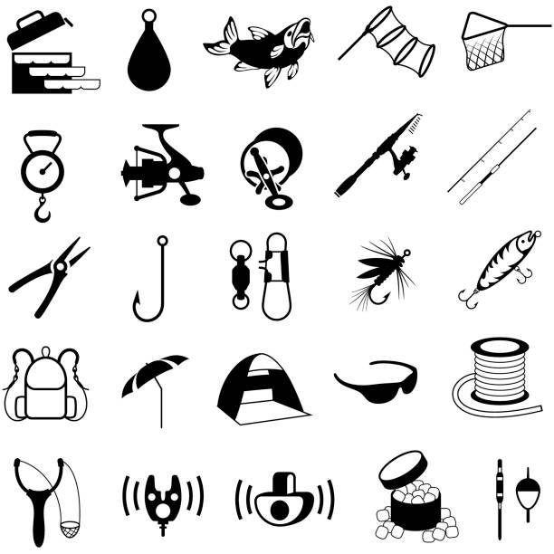 Fishing Tackle Icons 25 single colour icons of fishing tackle and equipment, isolated. fishing line illustrations stock illustrations