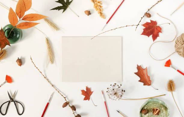 istock Autumn composition background. Flat lay, top view creative minimal mock up template.  Top view. Copy space 996917454