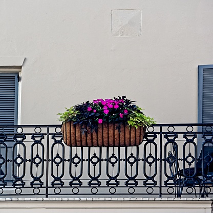 New Orleans, LA USA - May 9, 2018  -  Flowers in Basket on Baloney in The French Quarter