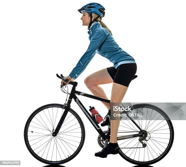 Cyclist Cycling Riding Bicycle Woman Isolated White Background S Stock Photo - Download Image Now