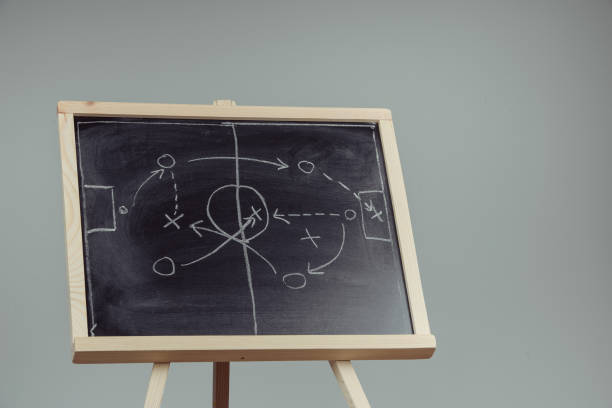 close up of a soccer tactics drawing on chalkboard stock photo