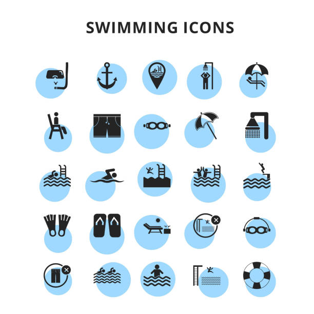 illustrations, cliparts, dessins animés et icônes de icônes de natation mis - bodysurfing