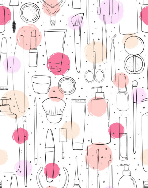 Cosmetics and makeup. Seamless pattern. Fashion style. Background for beauty salon. Sketch or stroke, drawing by hand Cosmetics and makeup. Seamless pattern. Fashion style. Background for beauty salon. Sketch or stroke, drawing by hand. Vector skin care background stock illustrations
